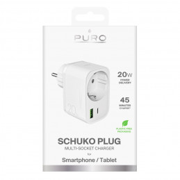 „Puro“ 20 W maitinimo įkroviklis su „Schuko“ kištuku ir lizdu (1x USB-C + 1x USB-A) – baltas
