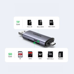 Ugreen CM185 50706 skaitytuvas, skirtas SD / micro SD kortelėms USB-A 3.0 / USB-C 3.0 - pilka