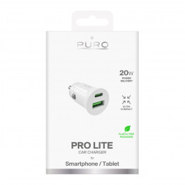 „Puro Pro Lite“ automobilinis įkroviklis, 1x USB-A + 1x USB-C, maitinimo šaltinis, 20 W – baltas