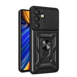 „Hybrid Armor Camshield“ dėklas su stovu ir kameros dangteliu, skirtas „Samsung Galaxy S25 Edge“ – juodas
