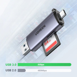 Ugreen CM185 50706 skaitytuvas, skirtas SD / micro SD kortelėms USB-A 3.0 / USB-C 3.0 - pilka