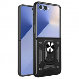 „Hybrid Armor Camshield“ dėklas su stovu ir kameros dangteliu, skirtas „Samsung Galaxy Z Flip 7“ - juodas