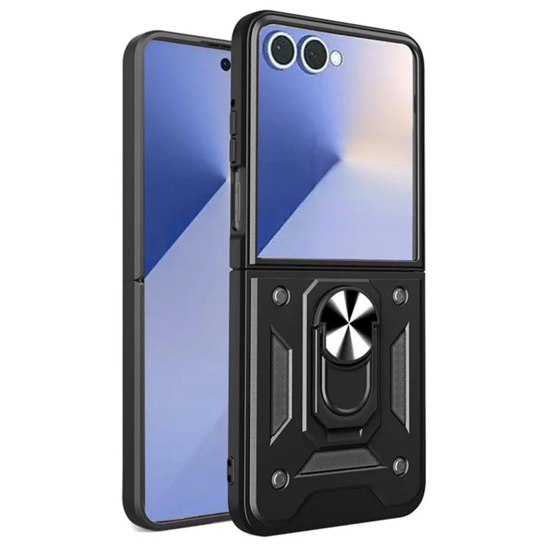 „Hybrid Armor Camshield“ dėklas su stovu ir kameros dangteliu, skirtas „Samsung Galaxy Z Flip 7“ - juodas