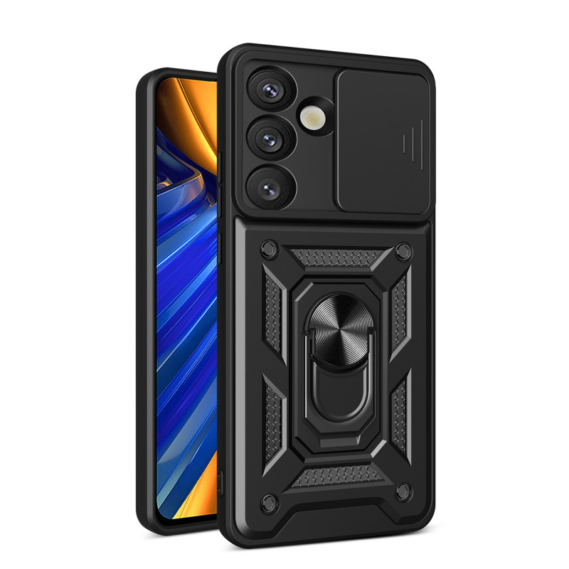 „Hybrid Armor Camshield“ dėklas su stovu ir kameros dangteliu, skirtas „Realme P3 5G“ – juodas