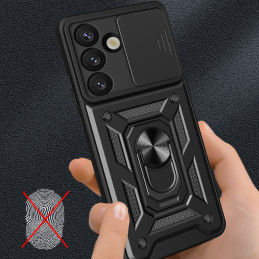„Hybrid Armor Camshield“ dėklas su stovu ir kameros dangteliu, skirtas „Samsung Galaxy M06 5G / F06 5G“ - juodas