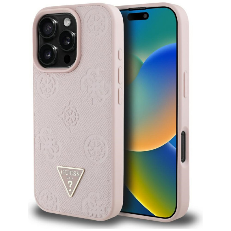 „Guess“ grūdėto karšto spaudimo „Peony“ trikampio logotipo „MagSafe“ dėklas, skirtas „iPhone 16 Pro“ – rožinis
