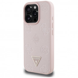 „Guess“ grūdėto karšto spaudimo „Peony“ trikampio logotipo „MagSafe“ dėklas, skirtas „iPhone 16 Pro“ – rožinis