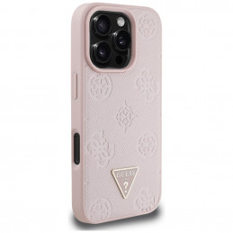 „Guess“ grūdėto karšto spaudimo „Peony“ trikampio logotipo „MagSafe“ dėklas, skirtas „iPhone 16 Pro“ – rožinis