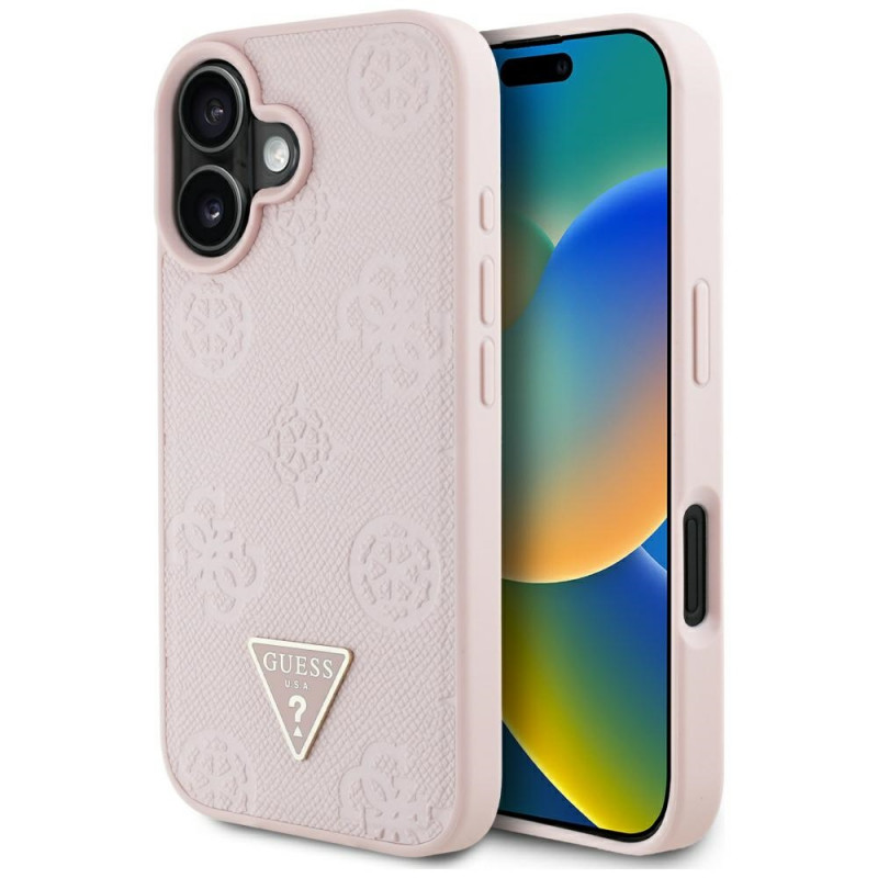 „Guess“ grūdėto karšto spaudimo „Peony“ trikampio logotipo „MagSafe iPhone 16“ dėklas – rožinis