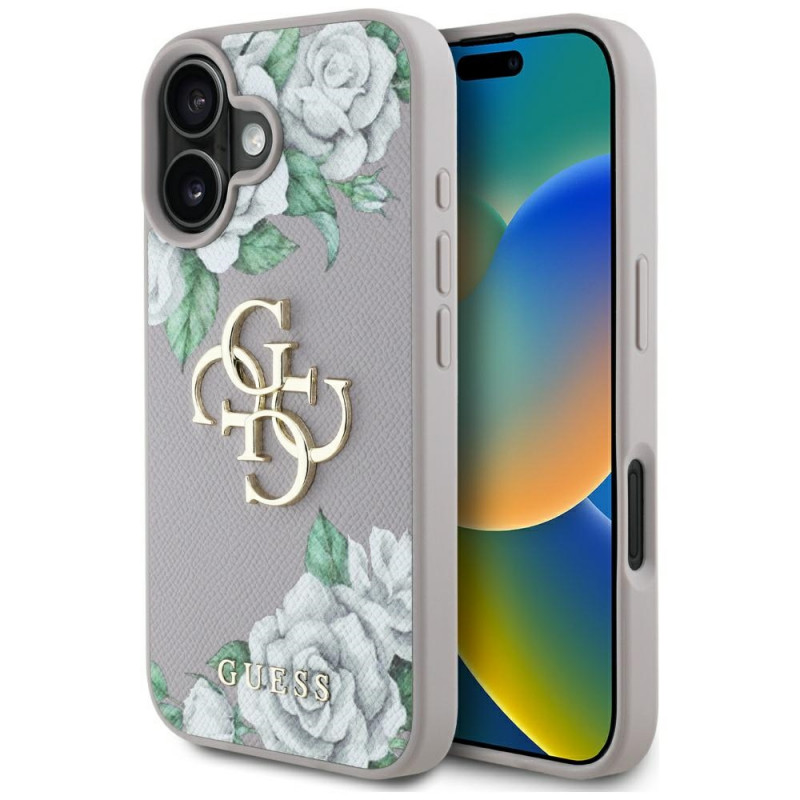 „Guess“ Grained Roses Big 4G Logo iPhone 16 dėklas – violetinis