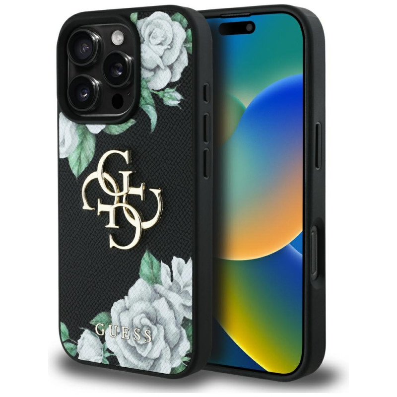 iPhone 16 Pro dėklas „Guess Grained Roses Big 4G Logo“ – juodas