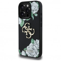 iPhone 16 Pro dėklas „Guess Grained Roses Big 4G Logo“ – juodas