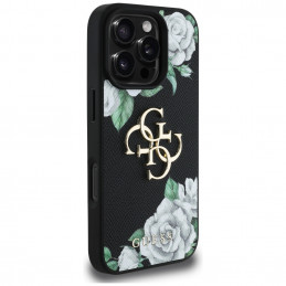 iPhone 16 Pro dėklas „Guess Grained Roses Big 4G Logo“ – juodas