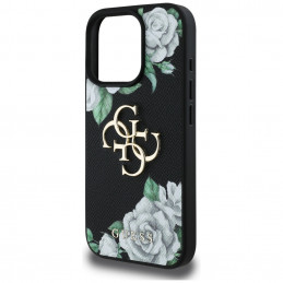iPhone 16 Pro dėklas „Guess Grained Roses Big 4G Logo“ – juodas