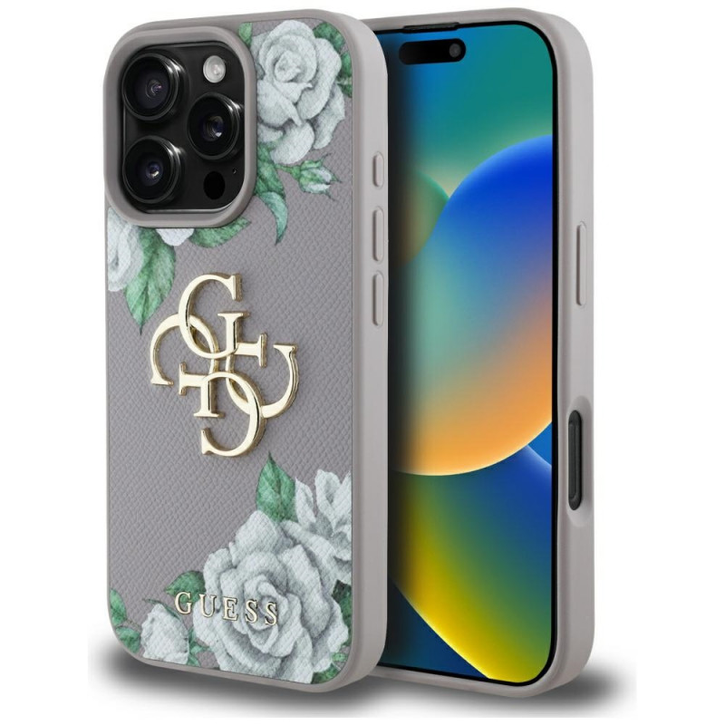 „Guess“ Grained Roses Big 4G Logo iPhone 16 Pro Max dėklas – violetinis