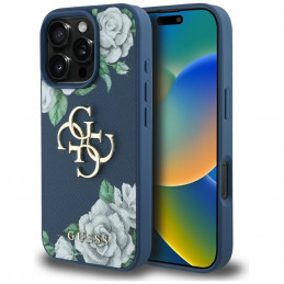 „Guess“ „Grained Roses Big 4G“ logotipo dėklas, skirtas „iPhone 16 Pro Max“ – mėlynas