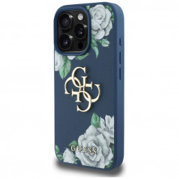 „Guess“ „Grained Roses Big 4G“ logotipo dėklas, skirtas „iPhone 16 Pro Max“ – mėlynas