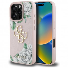 iPhone 16 Pro Max dėklas „Guess Grained Roses Big 4G Logo“ – rožinis