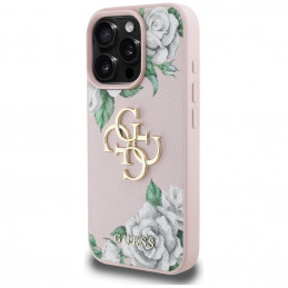 „Guess“ „Grained Roses“ didelio 4G logotipo „iPhone 16 Pro“ dėklas – rožinis