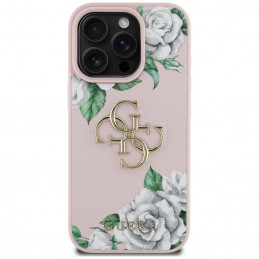 „Guess“ „Grained Roses“ didelio 4G logotipo „iPhone 16 Pro“ dėklas – rožinis