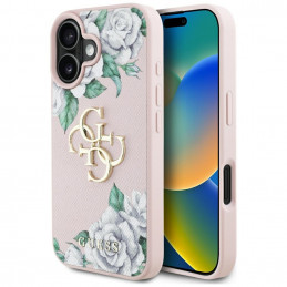 „Guess“ „Grained Roses“ didelio 4G logotipo „iPhone 16“ dėklas – rožinis