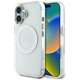 „Guess IML Metal Colored Circle Classic Logo MagSafe“ dėklas, skirtas iPhone 16 – baltas