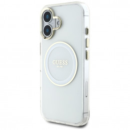 „Guess IML Metal Colored Circle Classic Logo MagSafe“ dėklas, skirtas iPhone 16 – baltas