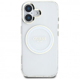 „Guess IML Metal Colored Circle Classic Logo MagSafe“ dėklas, skirtas iPhone 16 – baltas