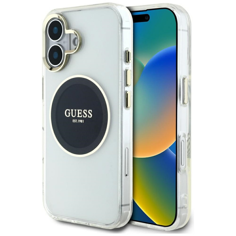 „Guess IML Metal Colored Circle Classic Logo MagSafe“ dėklas, skirtas iPhone 16 – juodas