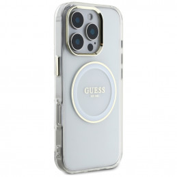 „Guess IML Metal Colored Circle Classic Logo MagSafe“ dėklas, skirtas „iPhone 16 Pro“ – baltas