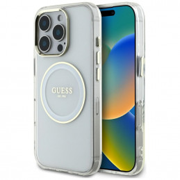 „Guess IML Metal Colored Circle Classic Logo MagSafe“ dėklas, skirtas „iPhone 16 Pro Max“ – baltas
