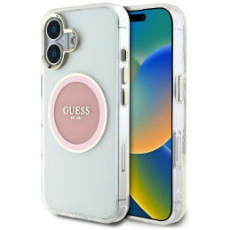 „Guess IML Metal Colored Circle Classic Logo MagSafe“ dėklas, skirtas iPhone 16 – rožinis