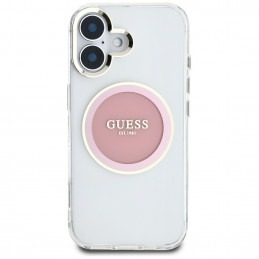 „Guess IML Metal Colored Circle Classic Logo MagSafe“ dėklas, skirtas iPhone 16 – rožinis