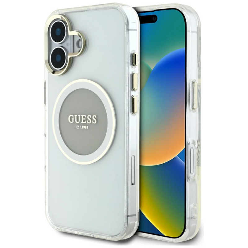 „Guess IML Metal Colored Circle Classic Logo MagSafe“ dėklas, skirtas iPhone 16 – pilkas