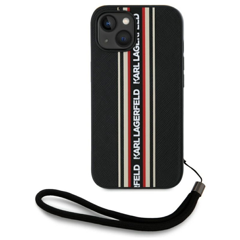 Karl Lagerfeld Saffiano Athleisure Stripes Cord iPhone 15 dėklas – raudonas