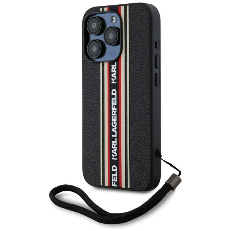 Karl Lagerfeld Saffiano Athleisure Stripes laidinis dėklas iPhone 15 Pro Max – raudonas