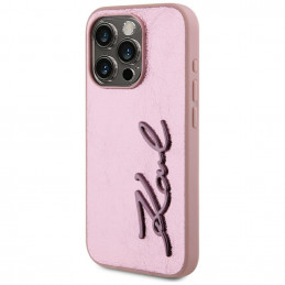 Karl Lagerfeld raukšlėtas metalinis „Signature“ dėklas, skirtas „iPhone 15 Pro Max“ – rožinis