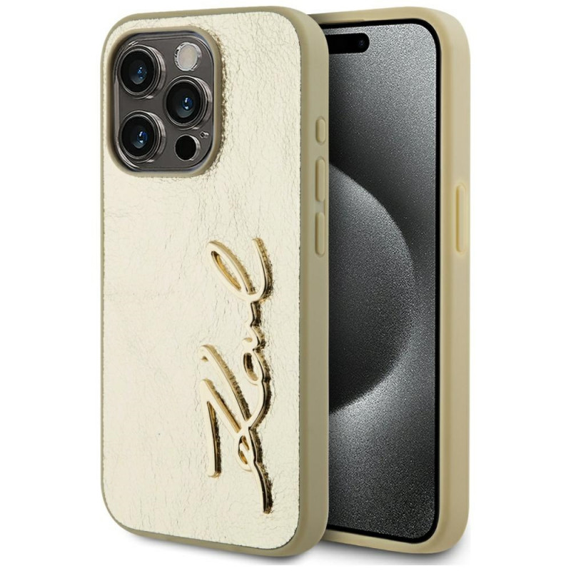 „Karl Lagerfeld“ raukšlėtas metalinis „Signature“ dėklas, skirtas „iPhone 15 Pro Max“ – auksinis