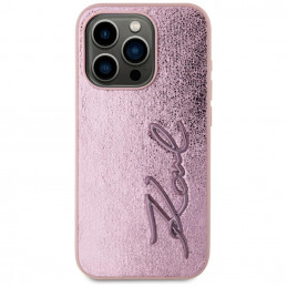 Karl Lagerfeld raukšlėtas metalinis „Signature“ dėklas, skirtas „iPhone 15 Pro“ – rožinis