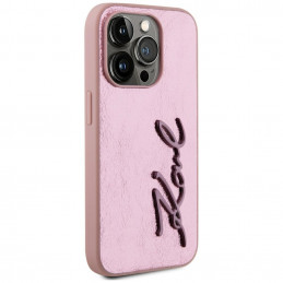 Karl Lagerfeld raukšlėtas metalinis „Signature“ dėklas, skirtas „iPhone 15 Pro“ – rožinis