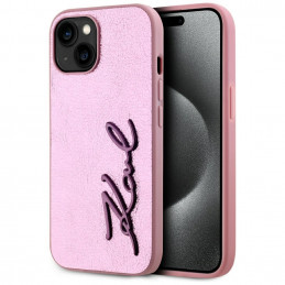 Karl Lagerfeld raukšlėto metalo „Signature“ iPhone 15 dėklas – rožinis