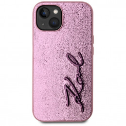 Karl Lagerfeld raukšlėto metalo „Signature“ iPhone 15 dėklas – rožinis