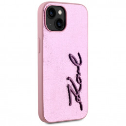 Karl Lagerfeld raukšlėto metalo „Signature“ iPhone 15 dėklas – rožinis