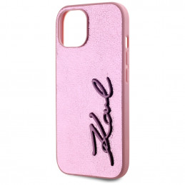 Karl Lagerfeld raukšlėto metalo „Signature“ iPhone 15 dėklas – rožinis