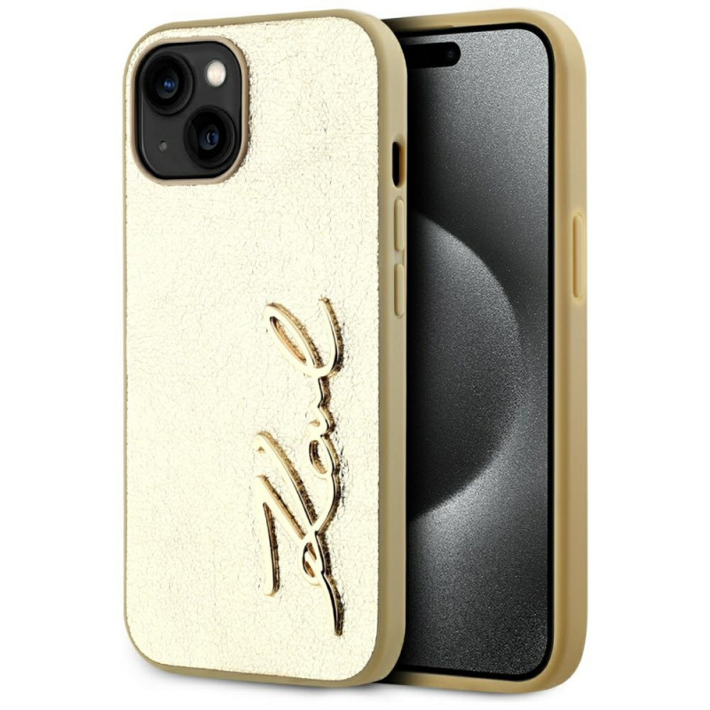 Karl Lagerfeld raukšlėto metalo „iPhone 15“ dėklas – auksinis
