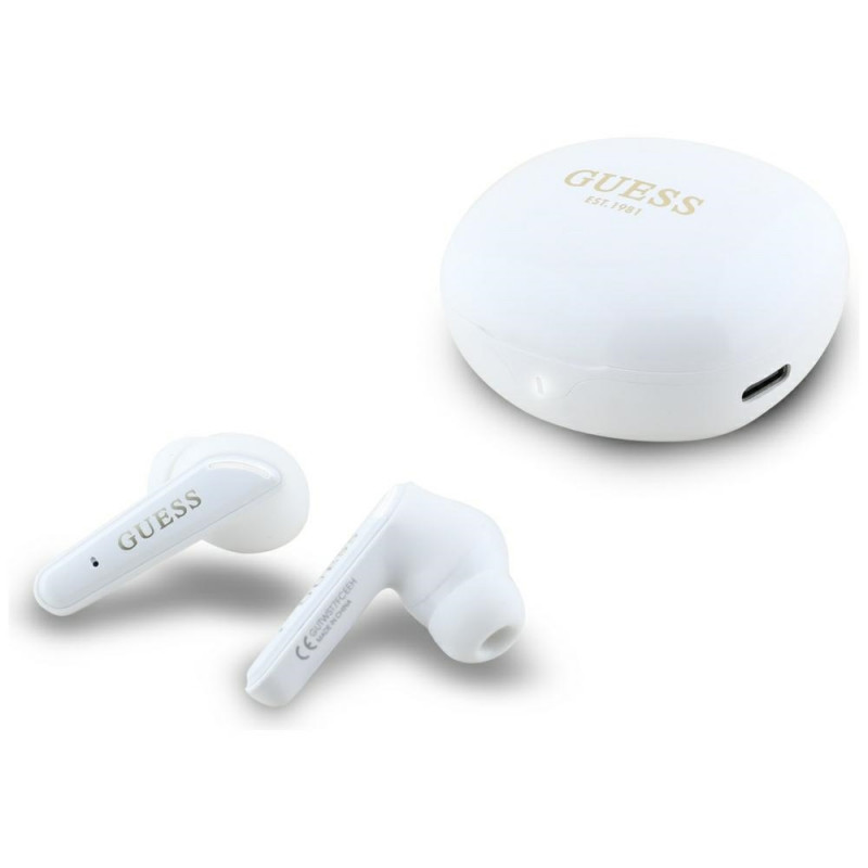 „Guess Flat Classic Logo“ galvanizuotos TWS ausinės – baltos