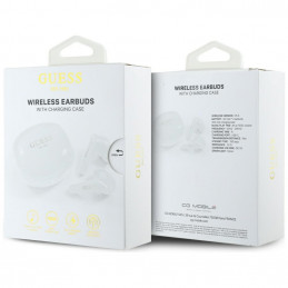 „Guess Flat Classic Logo“ galvanizuotos TWS ausinės – baltos