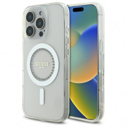 „Guess IML MagSafe“ dėklas su rhinestones elementais, skirtas „iPhone 16 Pro“ – baltas