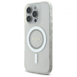 „Guess IML MagSafe“ dėklas su rhinestones elementais, skirtas „iPhone 16 Pro“ – baltas