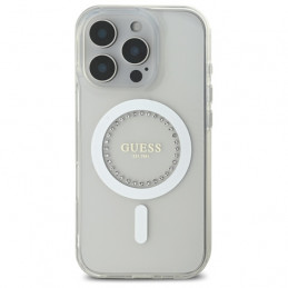 „Guess IML MagSafe“ dėklas su rhinestones elementais, skirtas „iPhone 16 Pro“ – baltas